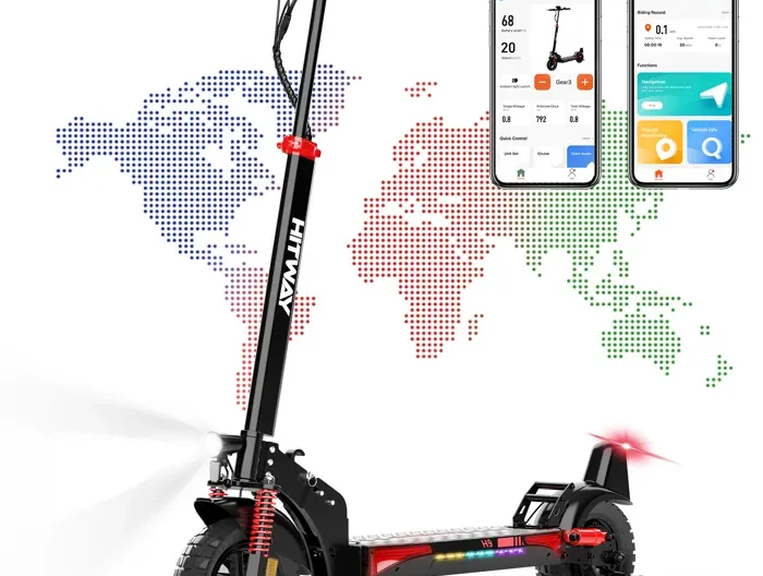 HITWAY Trottinette Électrique Pliable - Pneus gonflables 10" - 500W - APP - Batterie 48V 15.6Ah - Scooter Noir&Rouge