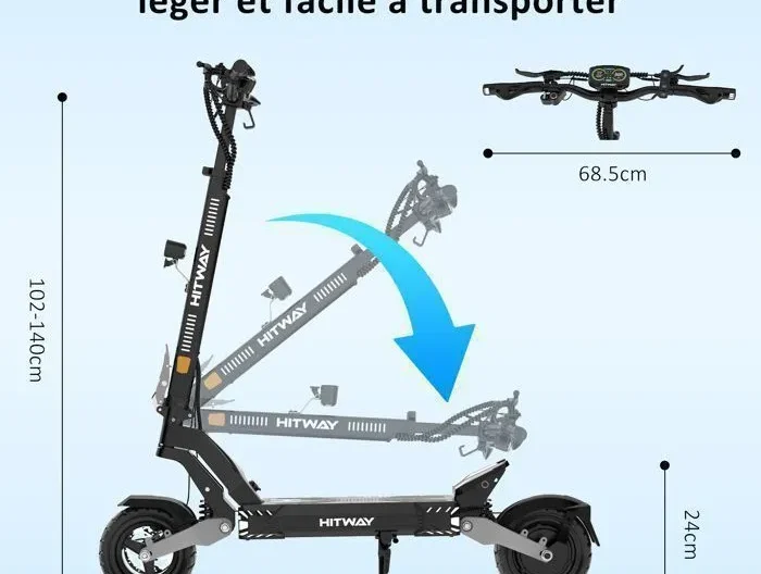 HITWAY Trottinette Électrique Pliable - Pneus gonflables 10" - 1600W crête- APP - Batterie 48V 28.6Ah - Scooter Noir&Gris