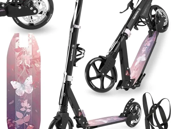 Trottinette Ado Adulte jusqu'à 100kg- 2 amortisseurs- HyperMotion Skyline Fleurs- Pliable- 2 Freins- Aluminium- ABEC-7