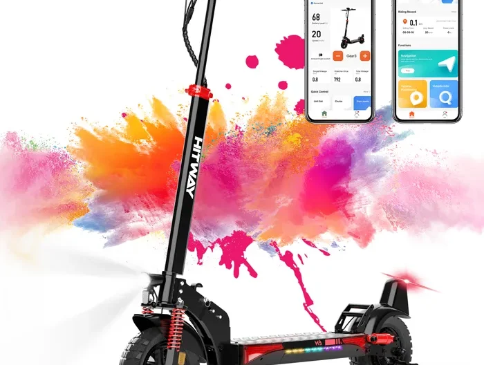 Trottinette Électrique Pliable - HITWAY - Pneus gonflables 10" - 500W - APP - Batterie 48V 15.6Ah - Scooter NoirRouge