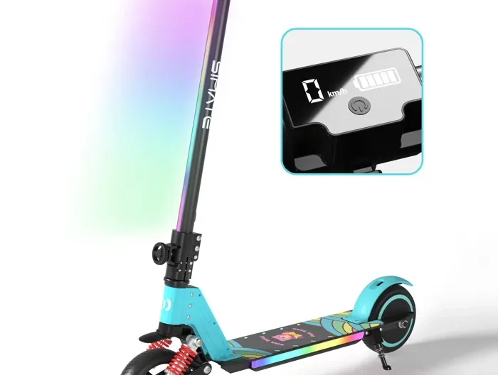 Trottinette électrique Enfants Avec Amortisseurs- Néons colorés - 130W - Pliable Scooter - écran LCD - aux 6-12 ans - Bleu Ciel